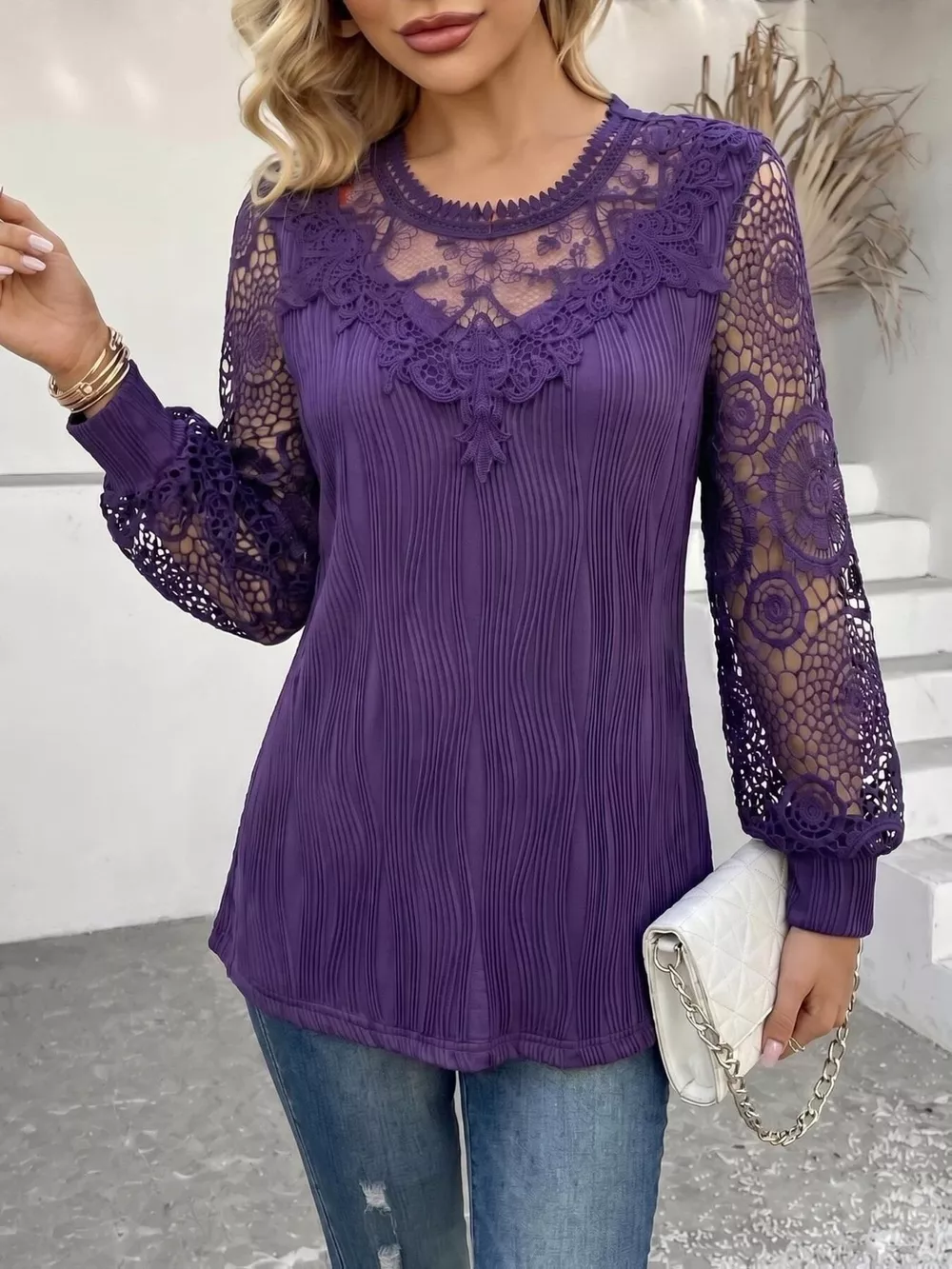 Lace Patchwork Long Sleeve Blouse, image 19