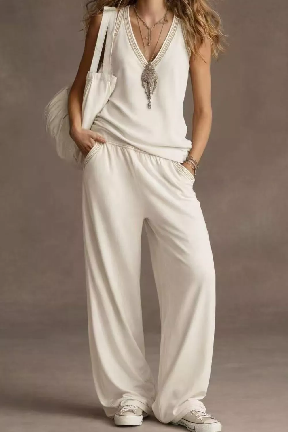 V-Neck Tank and Wide Leg Pants Set, image 2