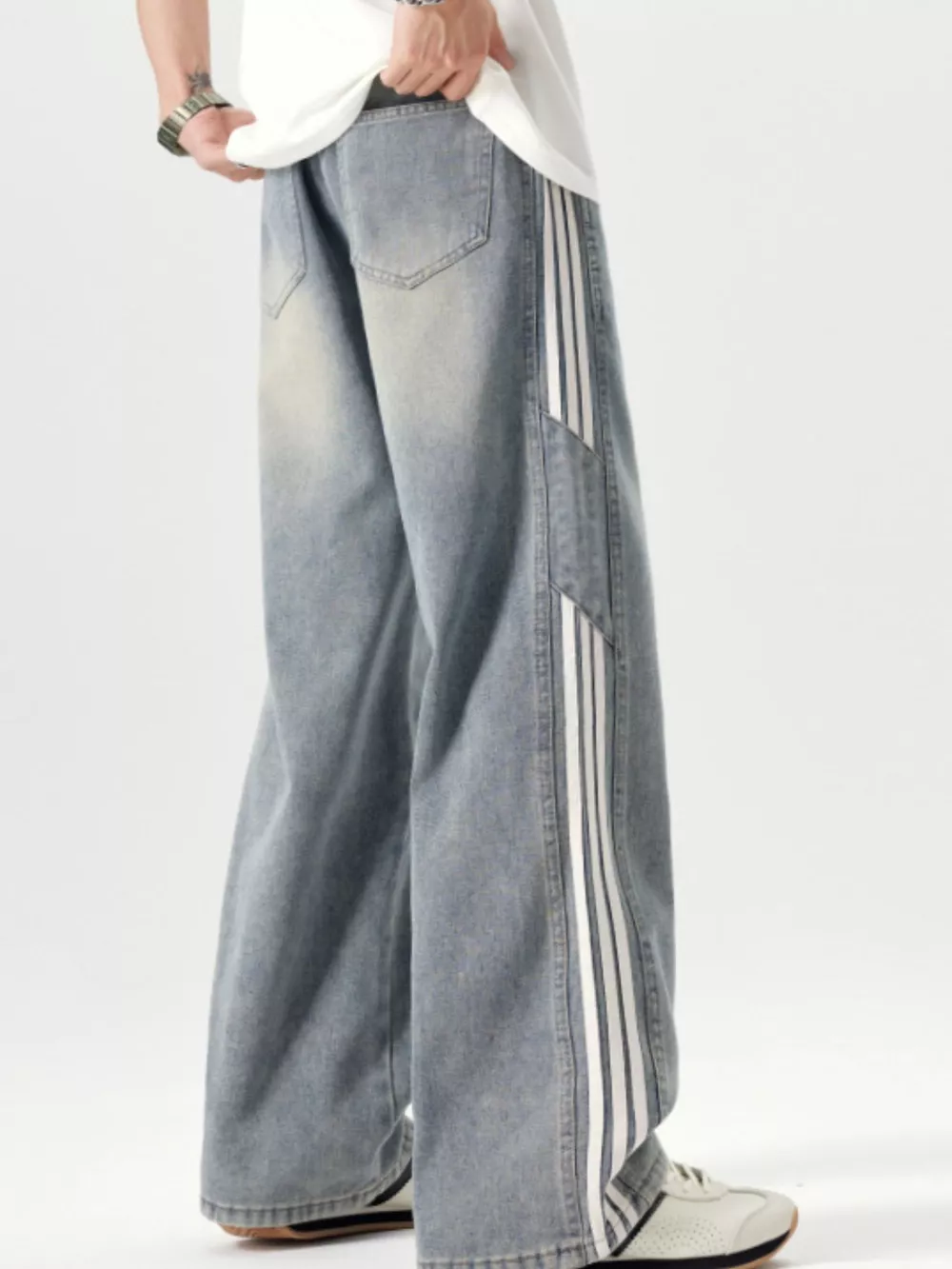 Men's Plus Size Washed Side Stripe Wide Leg Jeans, image 3