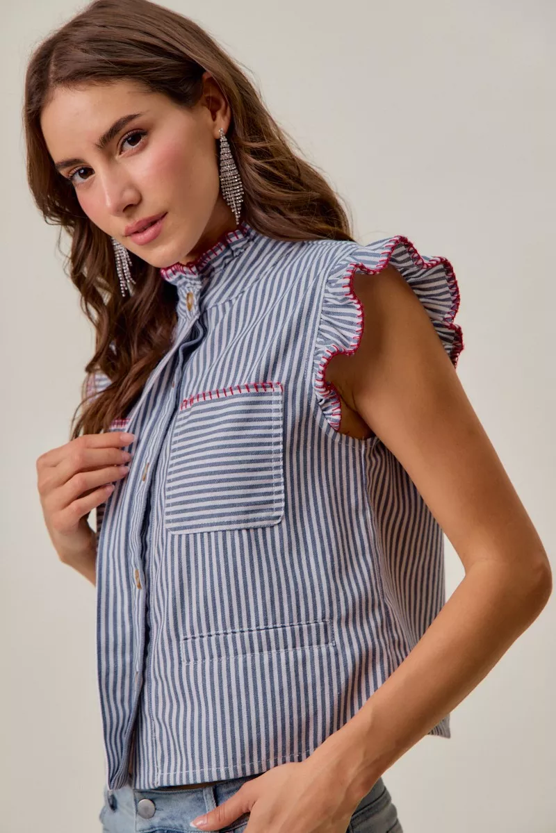 Stripe Twill Stitch Ruffled Hidden Button Vest Top, image 7