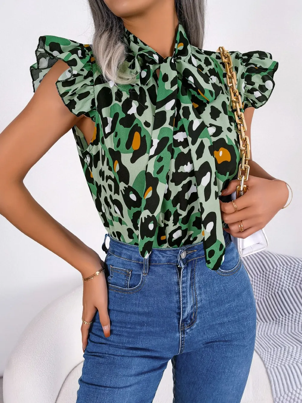 Leopard Tie Neck Cap Sleeve Blouse, image 12
