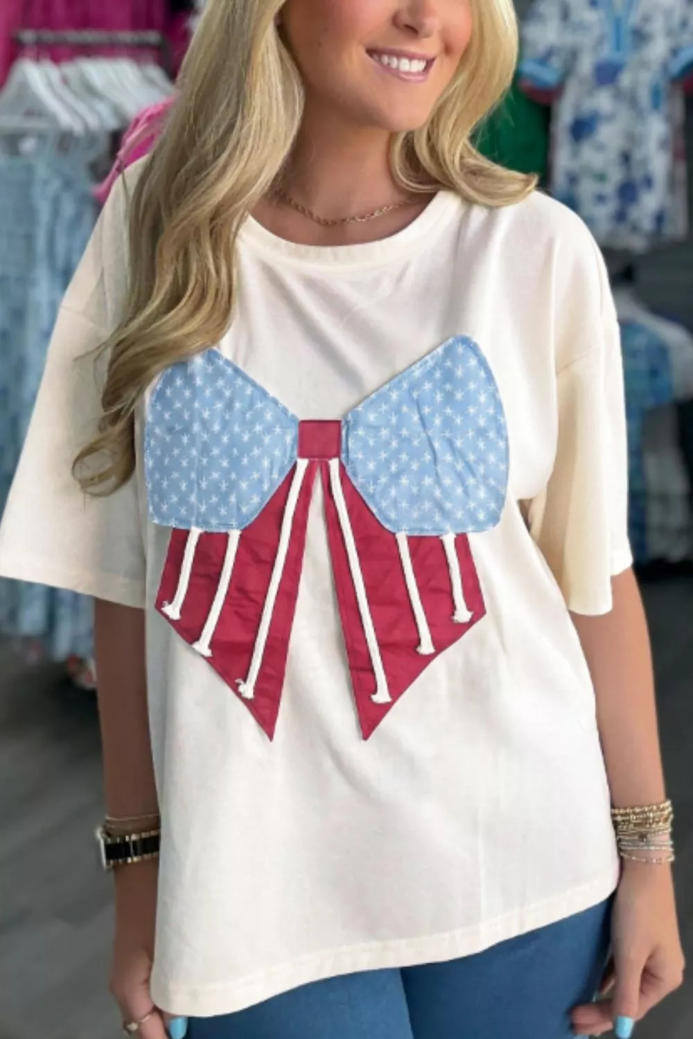 Loose Knit Vintage Flag Bow Patched T Shirt