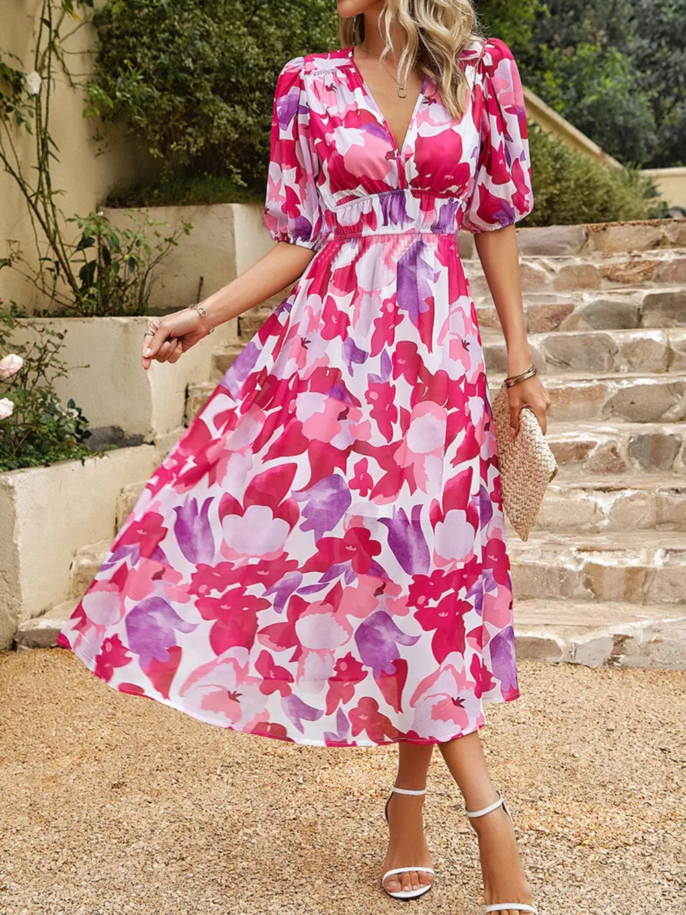 Printed Puff Sleeve Midi Dress, image 8