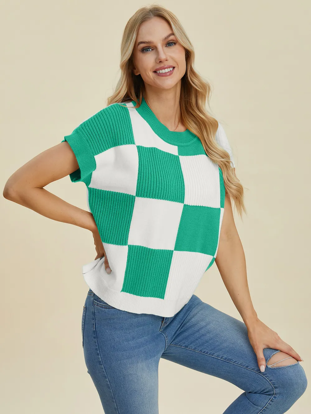 Full Size Checkered Round Neck Short Sleeve Sweater, image 16