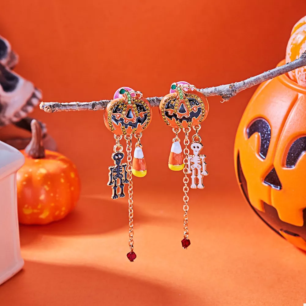 Halloween Pumpkin Drop Chain Earrings, image 4