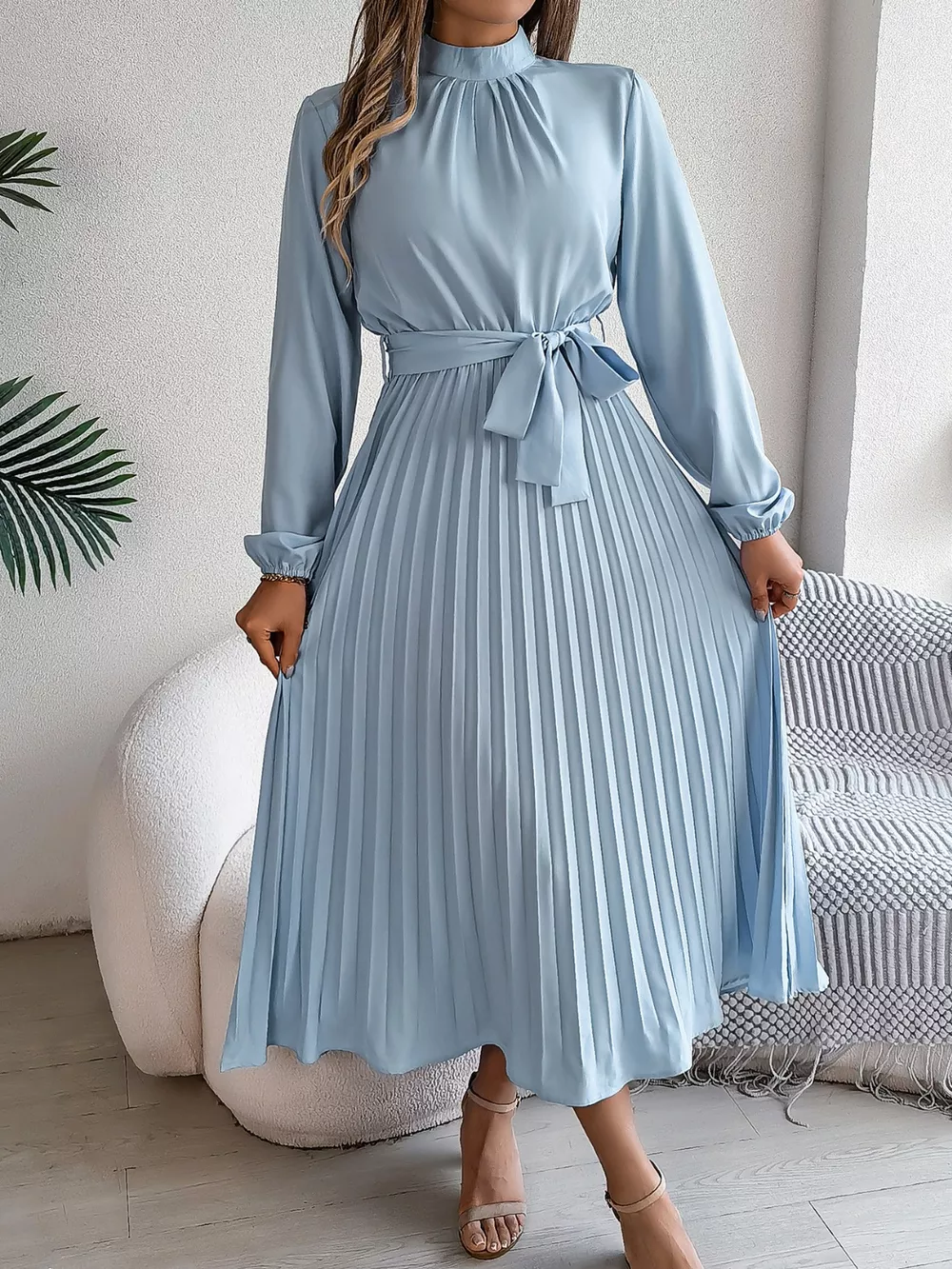 Mock Neck Pleated Midi Dress, image 16