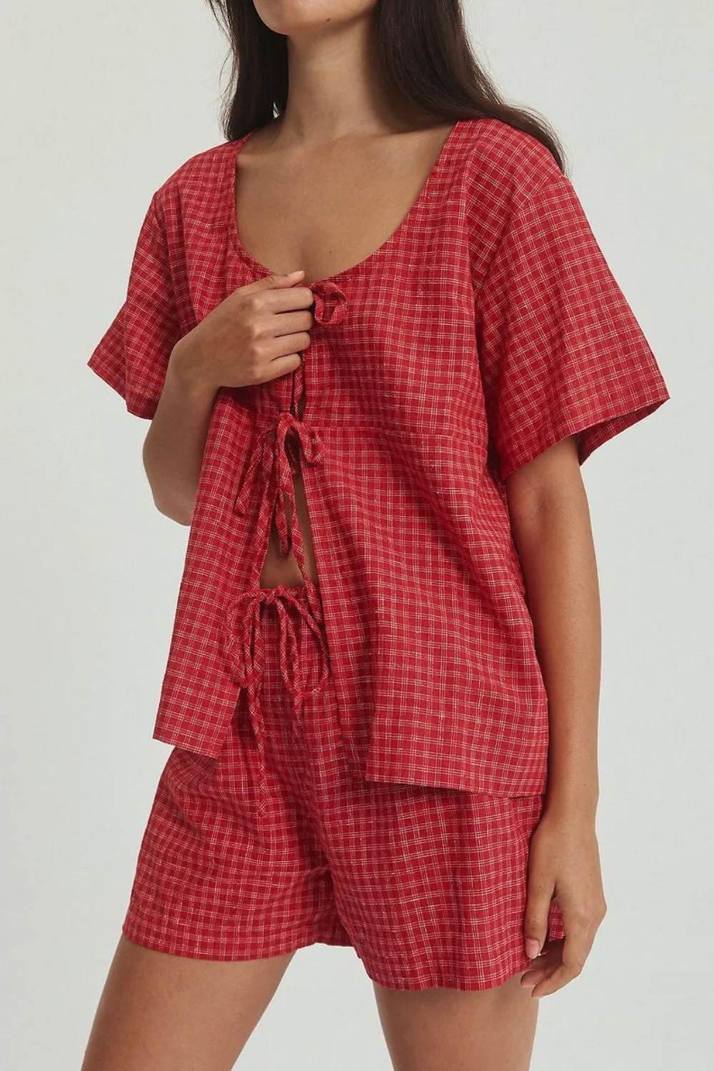 Plaid Tied Scoop Neck Short Sleeve Top and Drawstring Shorts Set, image 10