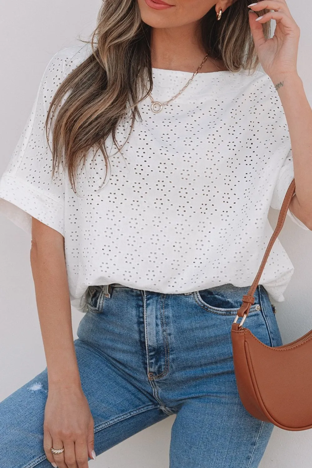 Eyelet Pattern Boat Neck Casual Tee, image 7