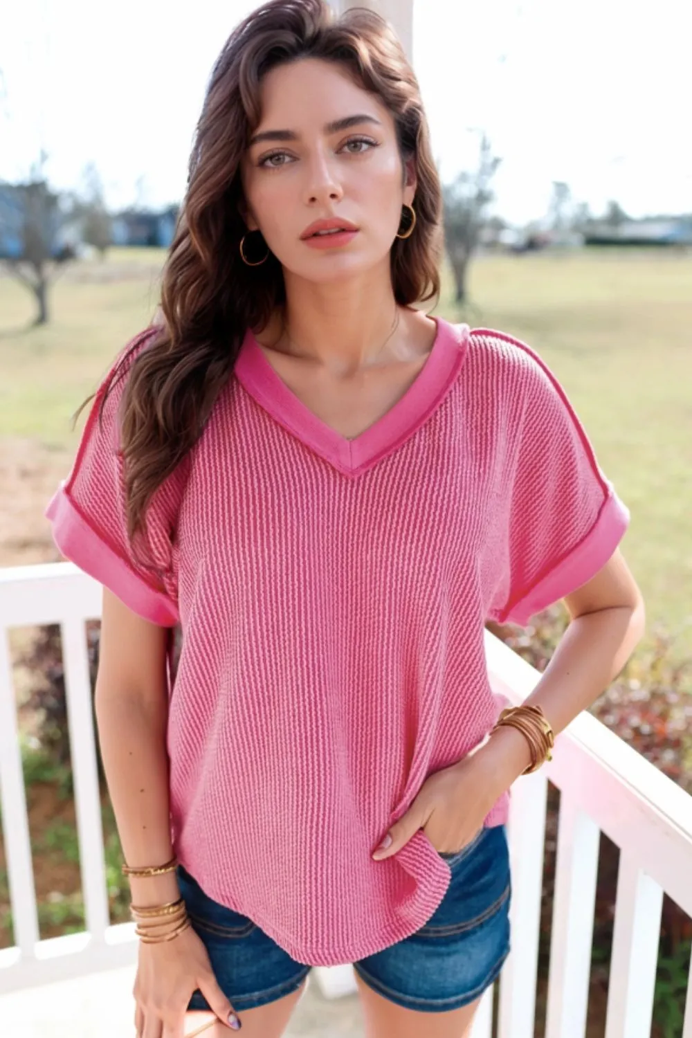 Solid V-Neck Short Sleeve T-Shirt, image 3