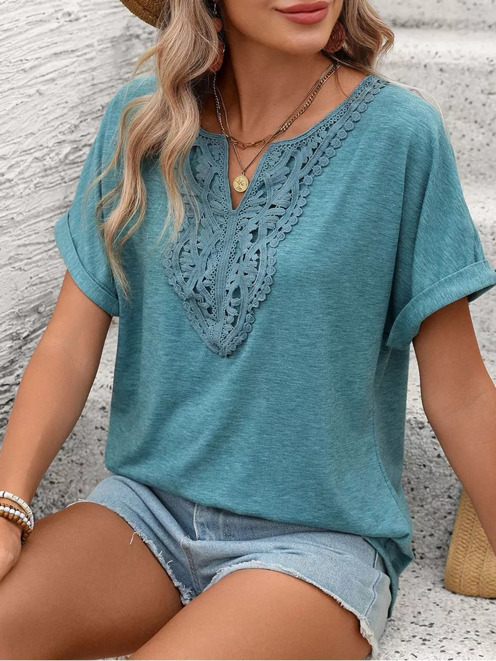 Lace Trim Short Sleeve T-Shirt, image 7