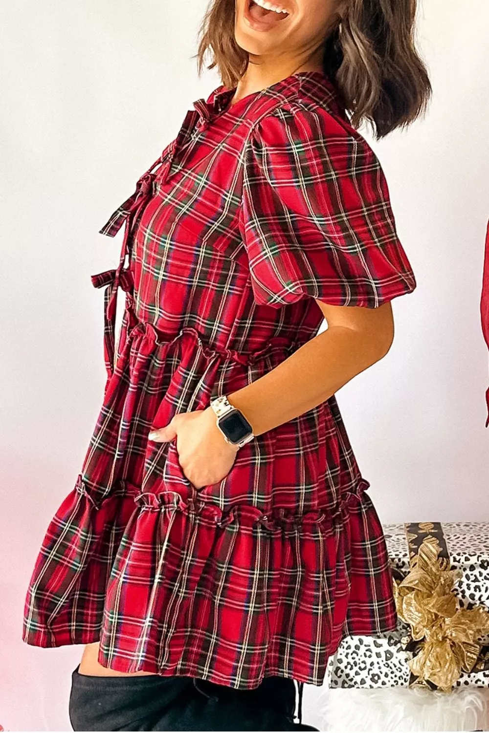 Plaid Knot Neck Short Sleeve Mini Shift Dress, image 3
