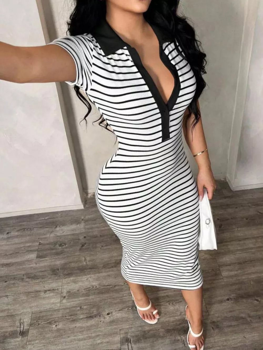 Striped Polo Collar Midi Dress, image 12
