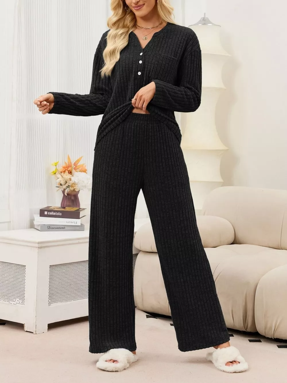 Ribbed Knit Top and Wide-Leg Pants Set, image 11