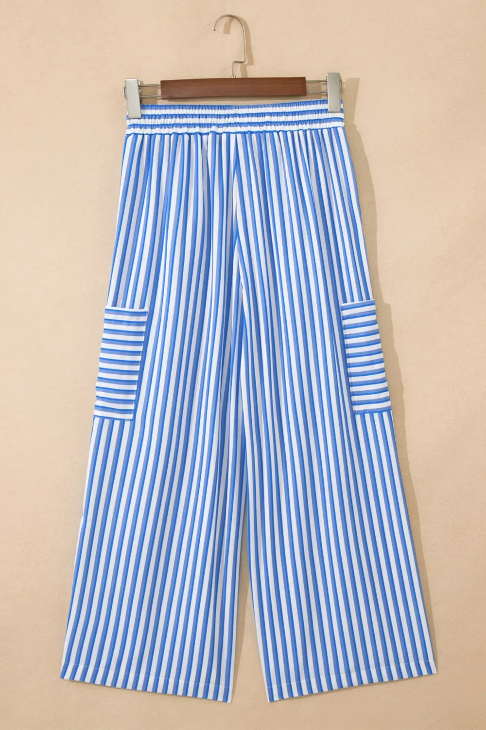 Stripe Drawstring Elastic Waist Patch Pocket Wide Leg Ankle-length Pants, image 5