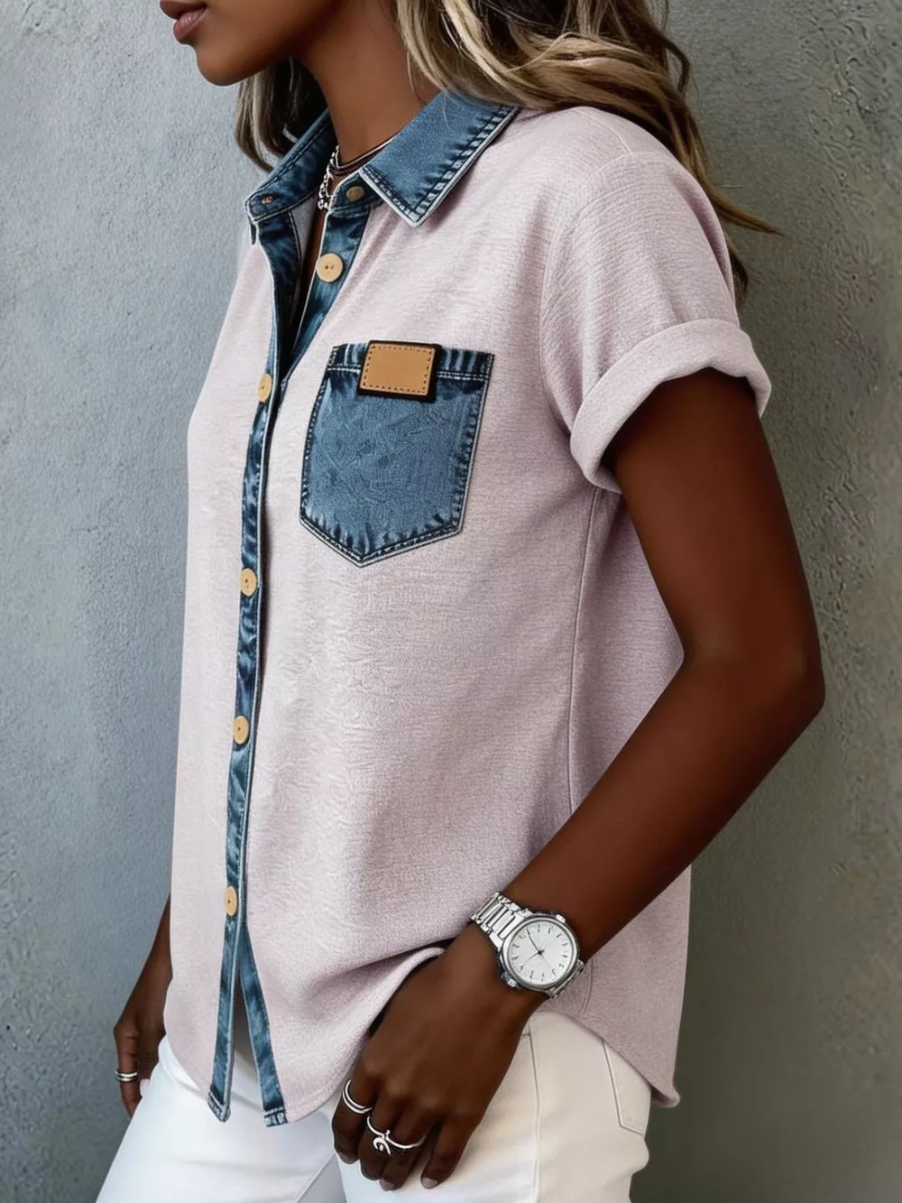 Denim Trim Short Sleeve Shirt, image 8