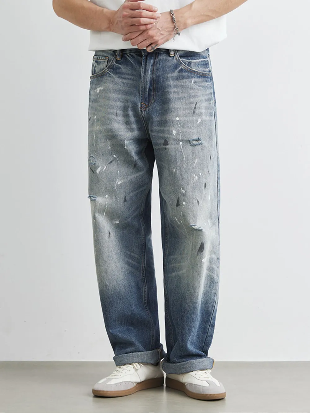 Men's Distressed Paint Splatter Relaxed Fit Jeans, image 2