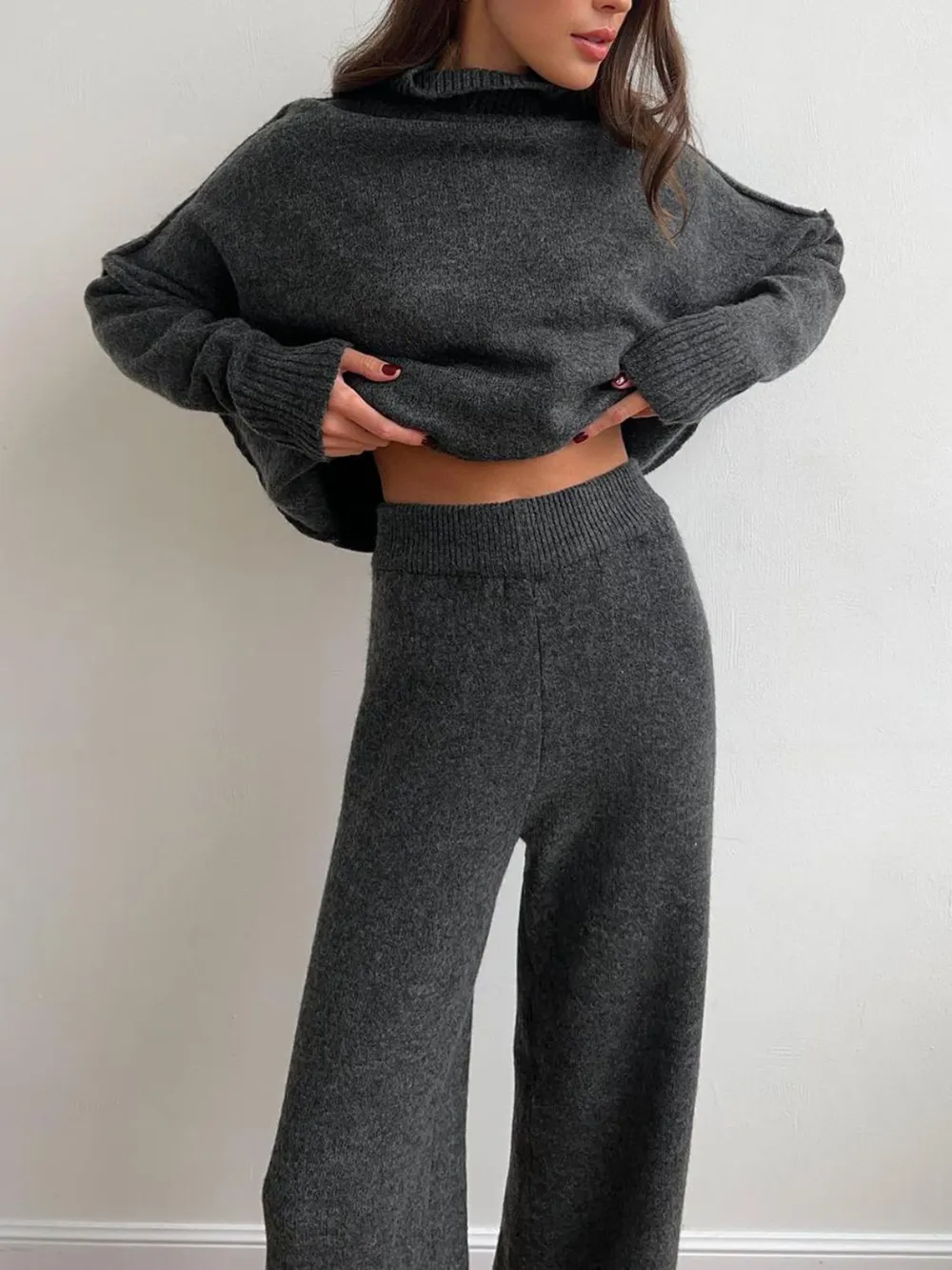 Slit Turtleneck Long Sleeve Top and Pants Sweater Set, image 5