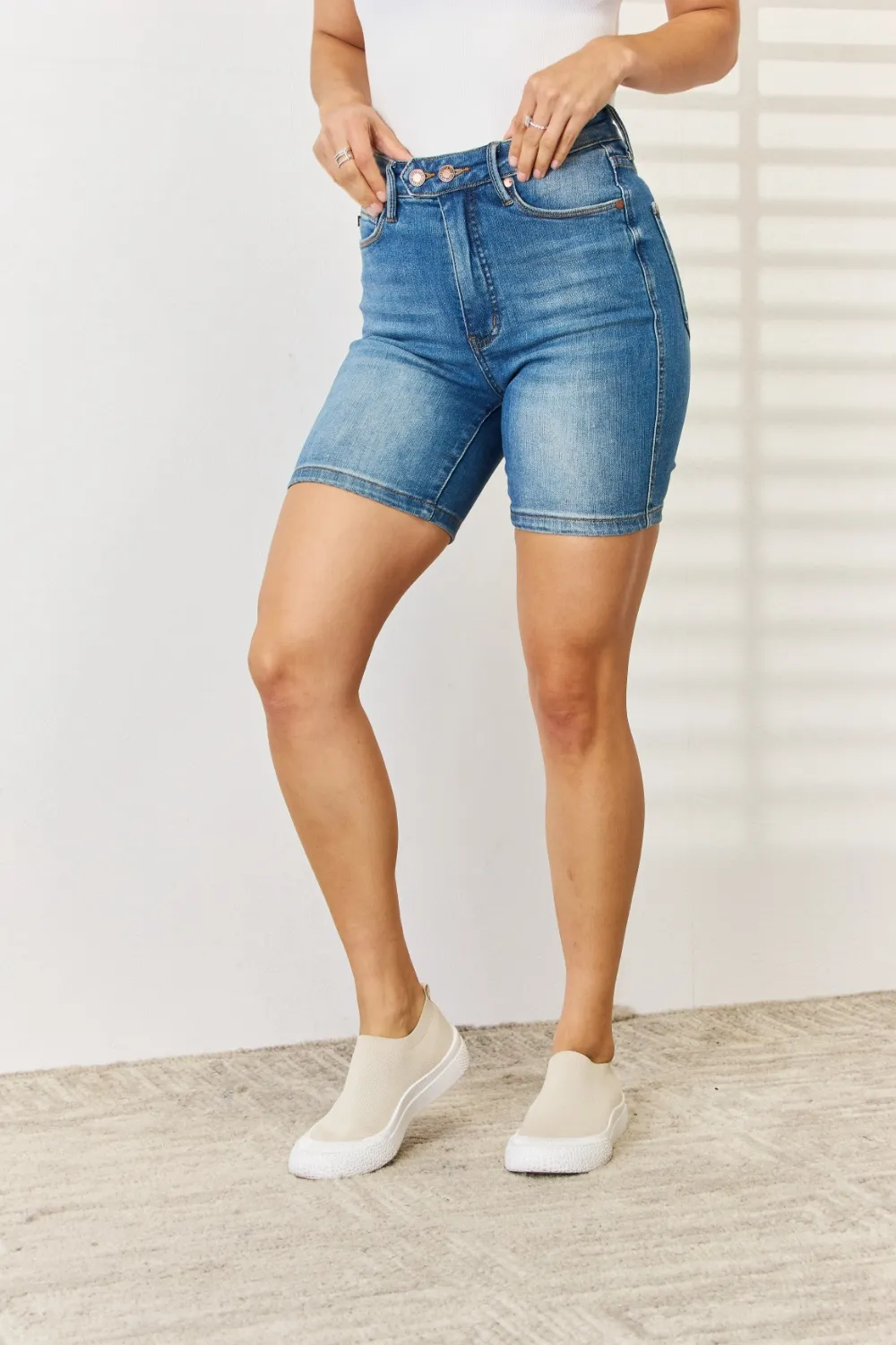 Full Size Tummy Control Double Button Bermuda Denim Shorts, image 4