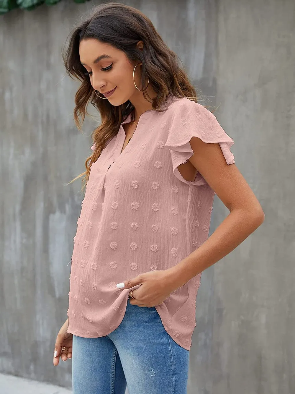 Swiss Dot Notched Flutter Sleeve Blouse, image 22