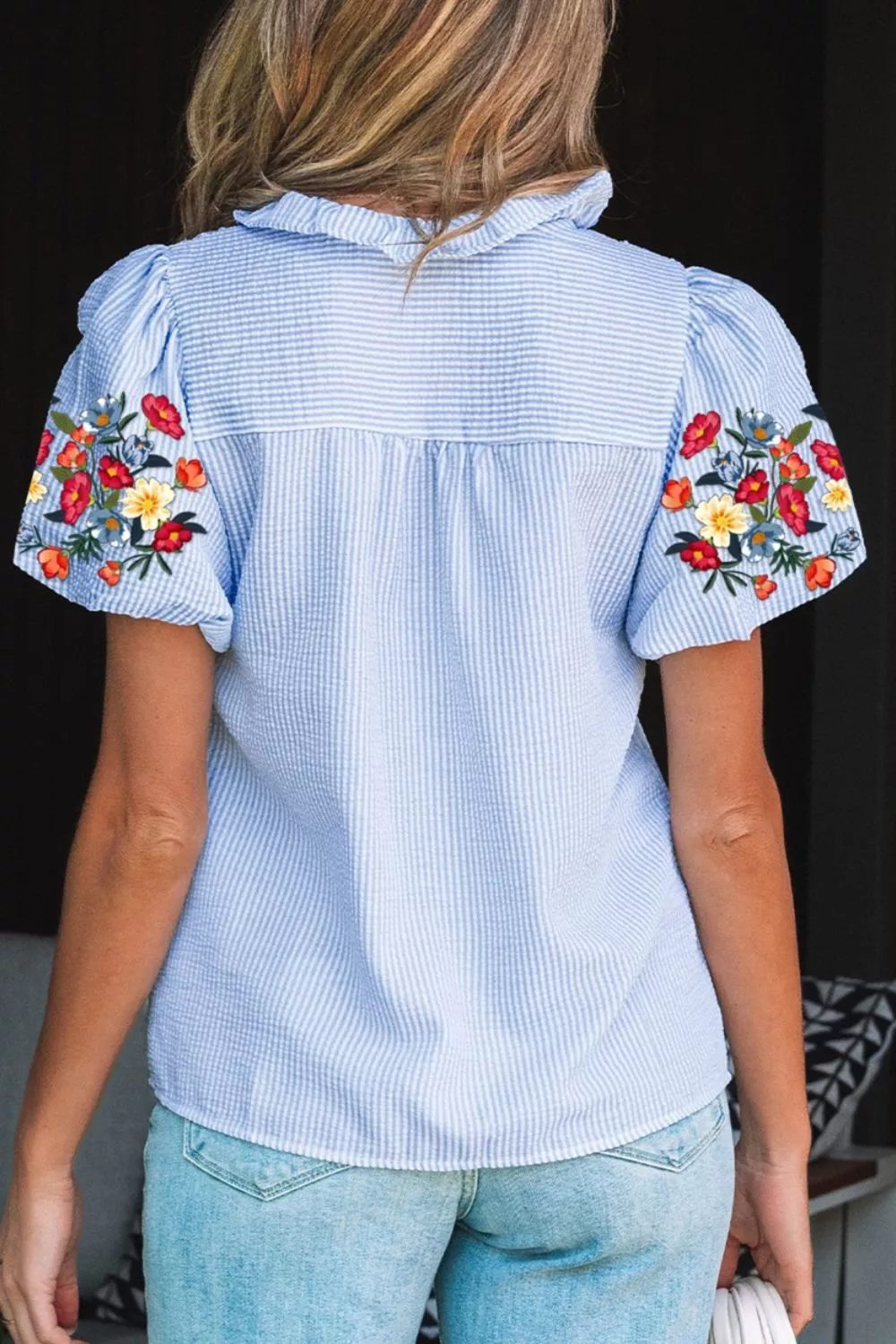 Stripe Floral Embroidered Puff Sleeve Ruffle Trim Shirt, image 2