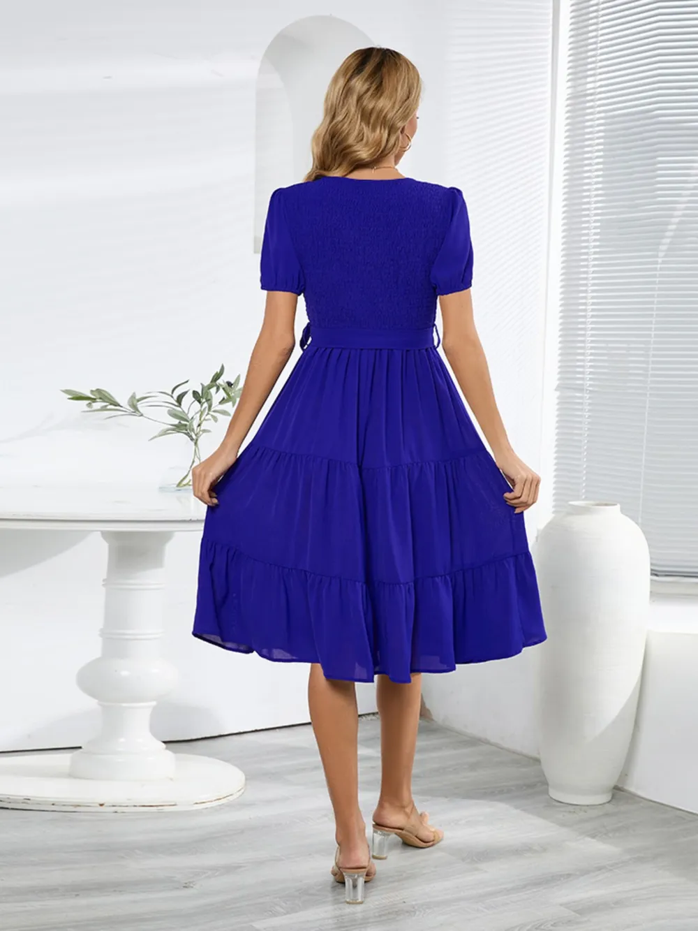 Smocked Tie Front Short Sleeve Tiered Dress, image 18