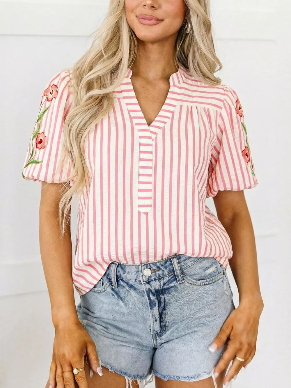 Stripe Print Floral Embroidered Puff Sleeve V Neck Blouse