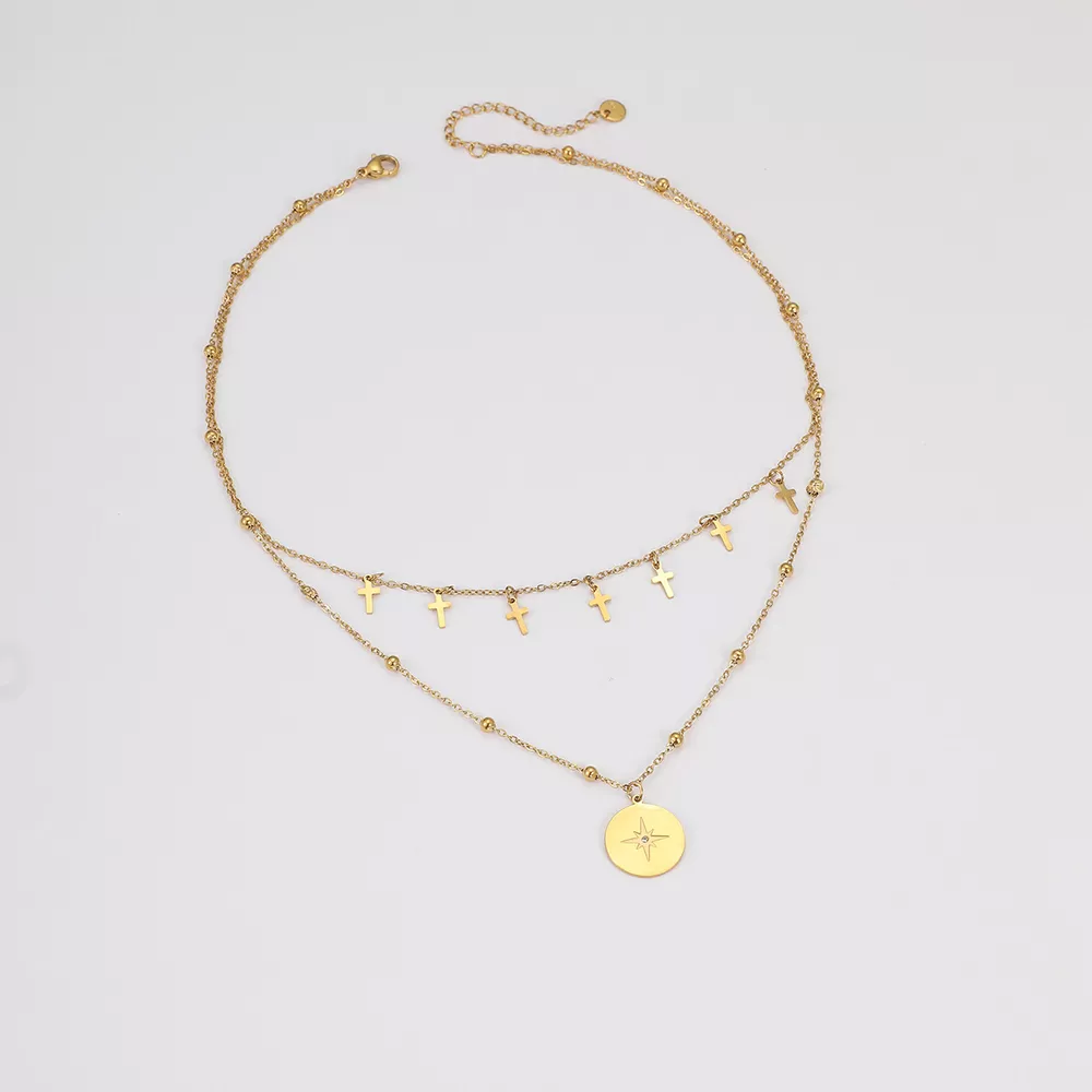 18K Gold-Plated Cross Double Layered Pendant Necklace, image 4
