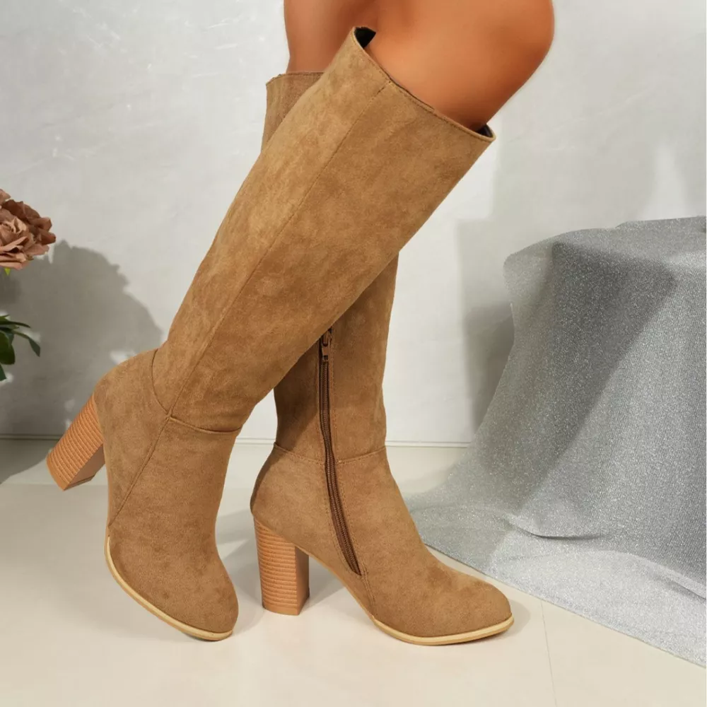 Point Toe Knee-High Suede Block Heel Boots, image 8