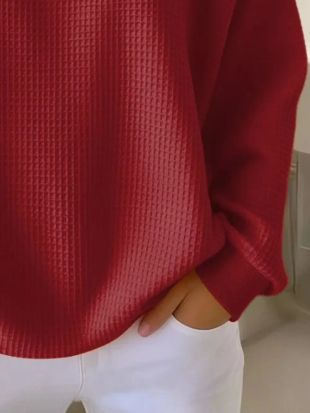 Full Size Casual Waffle Knit Button Detail Pullover Plus Size, image 15