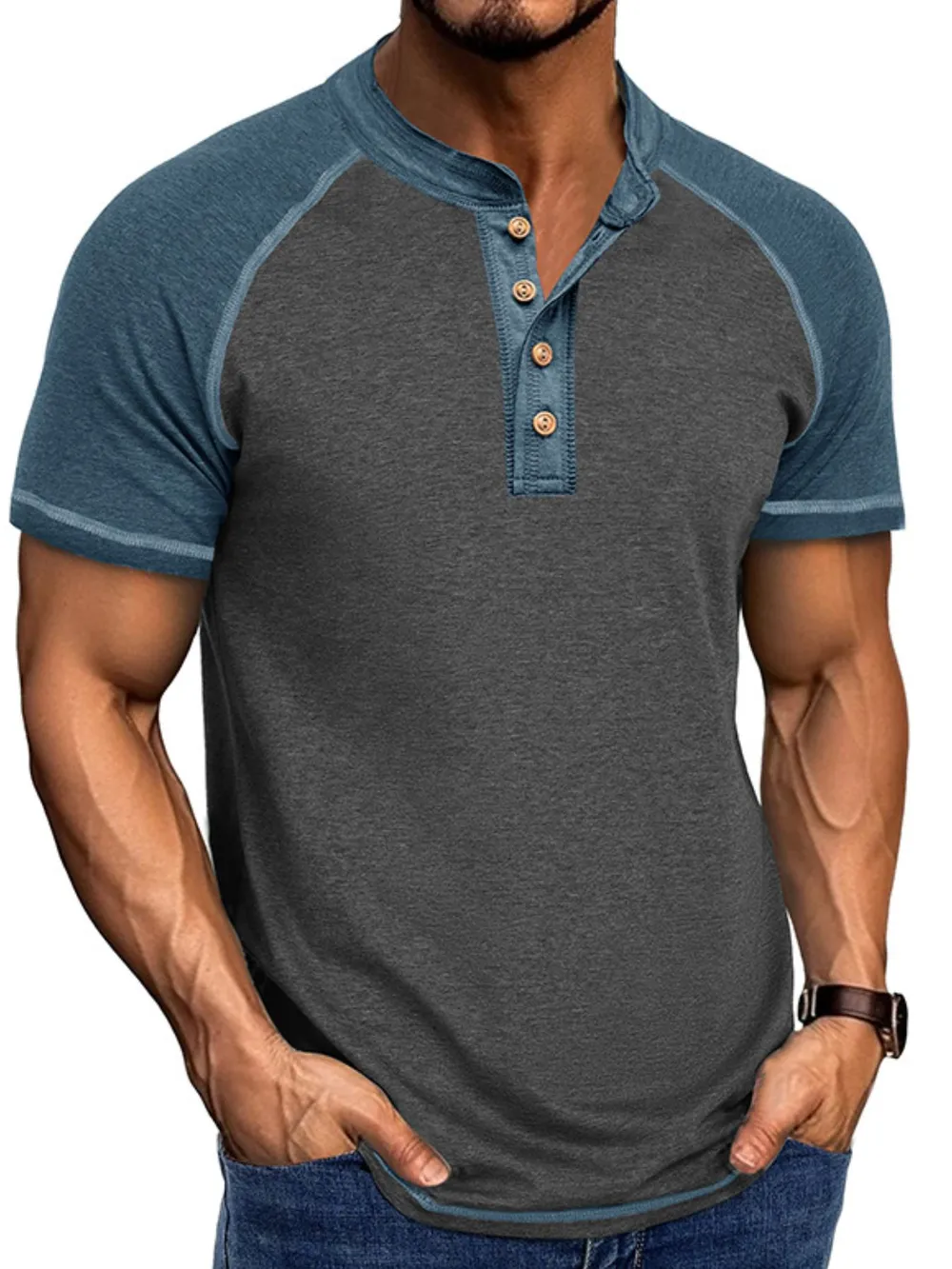 Men's Raglan Henley Color Block T-Shirt, image 10