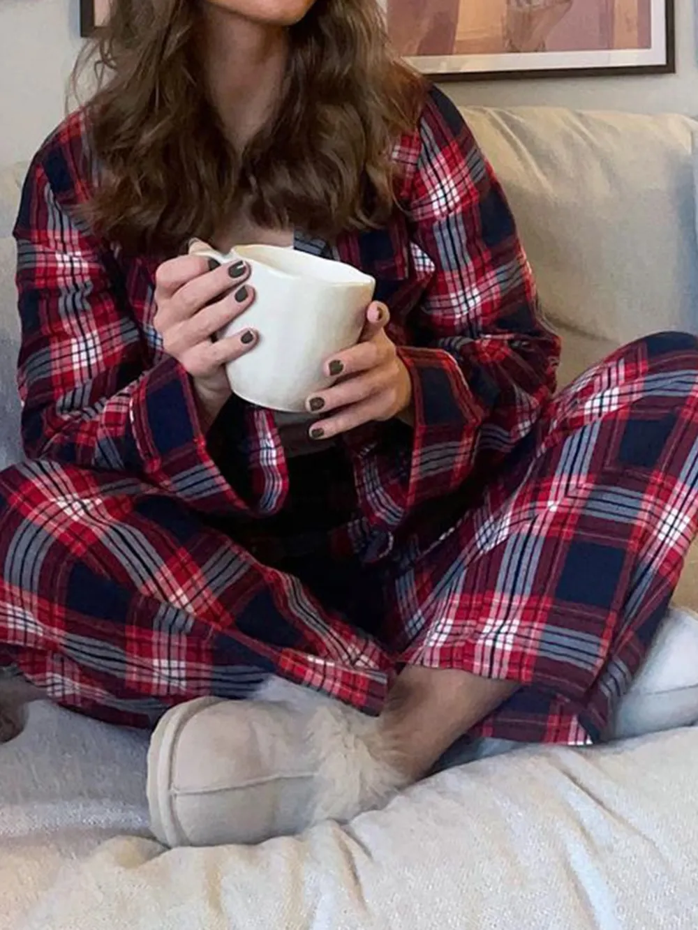 Plaid Collared Neck Button Up Top and Pants Lounge Set, image 9