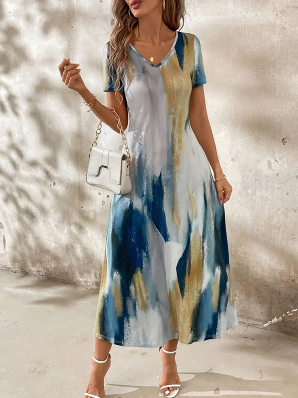 Tie-Dye V-Neck Short Sleeve Midi Tee Dress, image 8