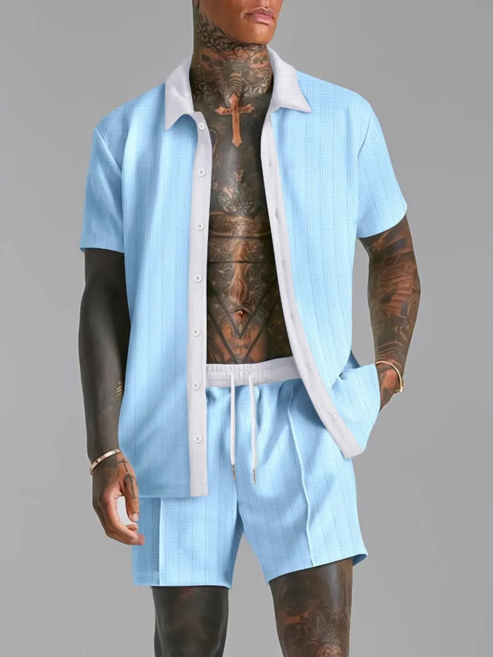 Men's Full Size Collared Neck Short Sleeve Top and Shorts Set Plus Size, image 2