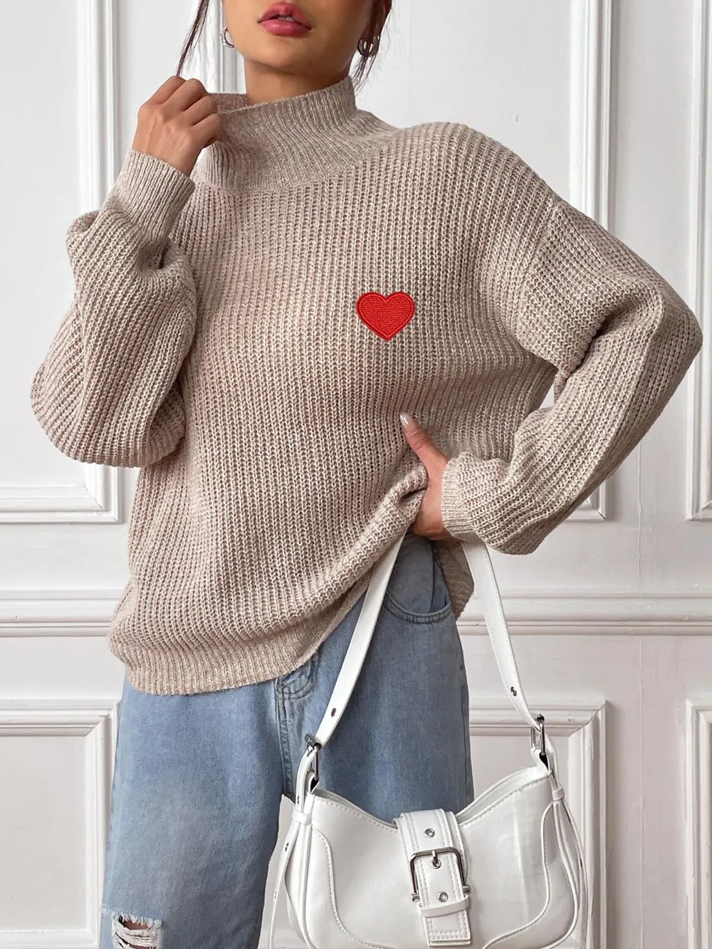 Heart Turtleneck Dropped Shoulder Long Sleeve Sweater, image 3