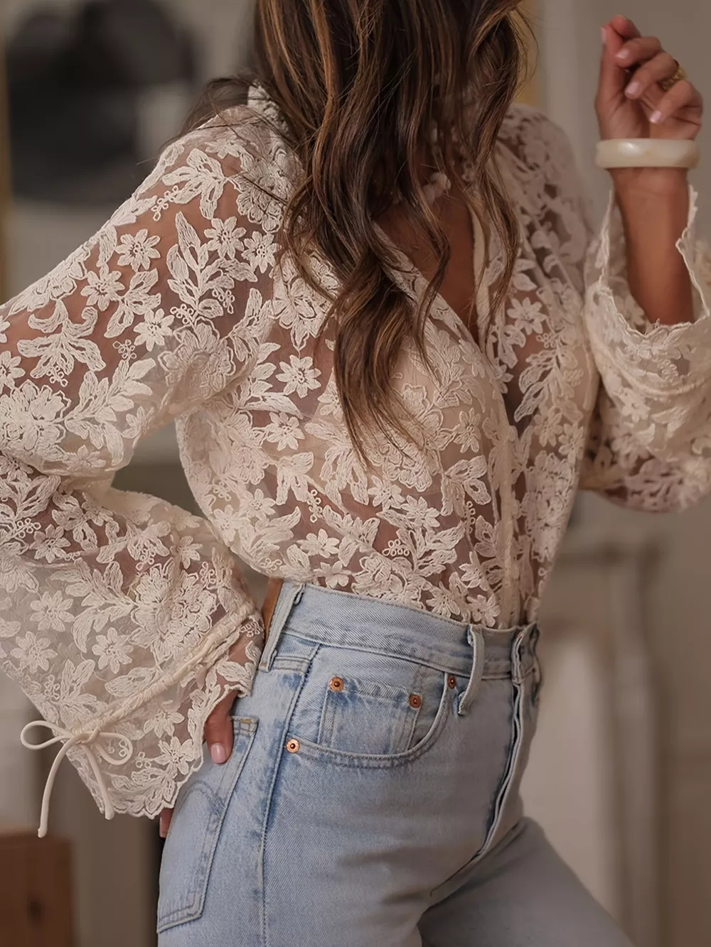 Lace Button Up Long Sleeve Shirt, image 4