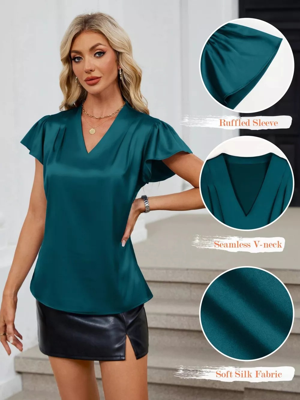 Satin V-Neck Flutter Sleeve Blouse, image 24