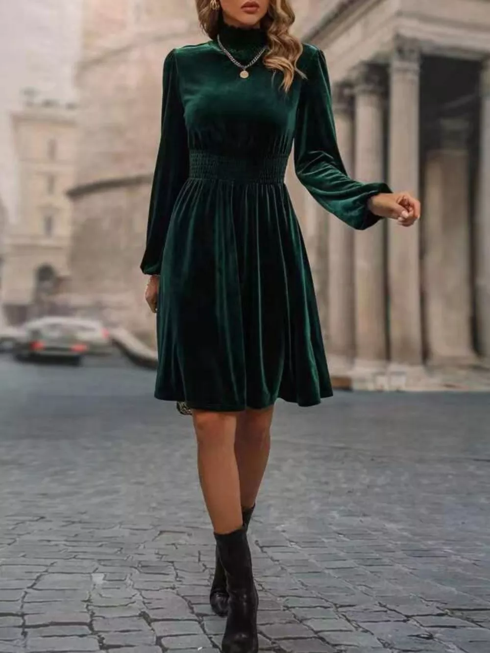 Velvet High Neck Long Sleeve A-Line Dress, image 7