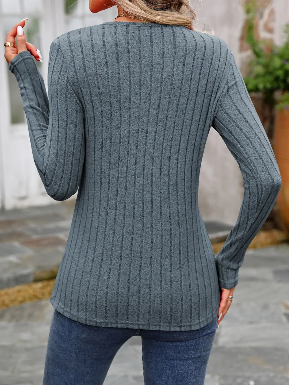 Decorative Button Round Neck Long Sleeve T-Shirt, image 32