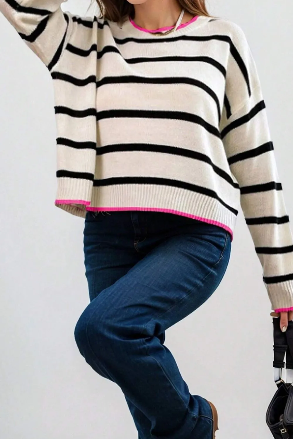 Striped Round Neck Drop Shoulder Sweater, image 8
