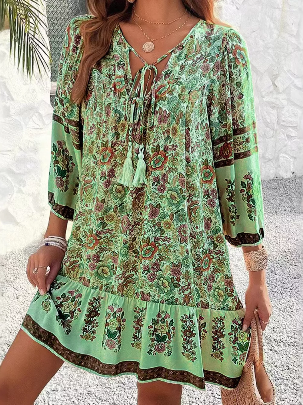 Floral Print Tassel Tie Neck Mini Dress, image 10