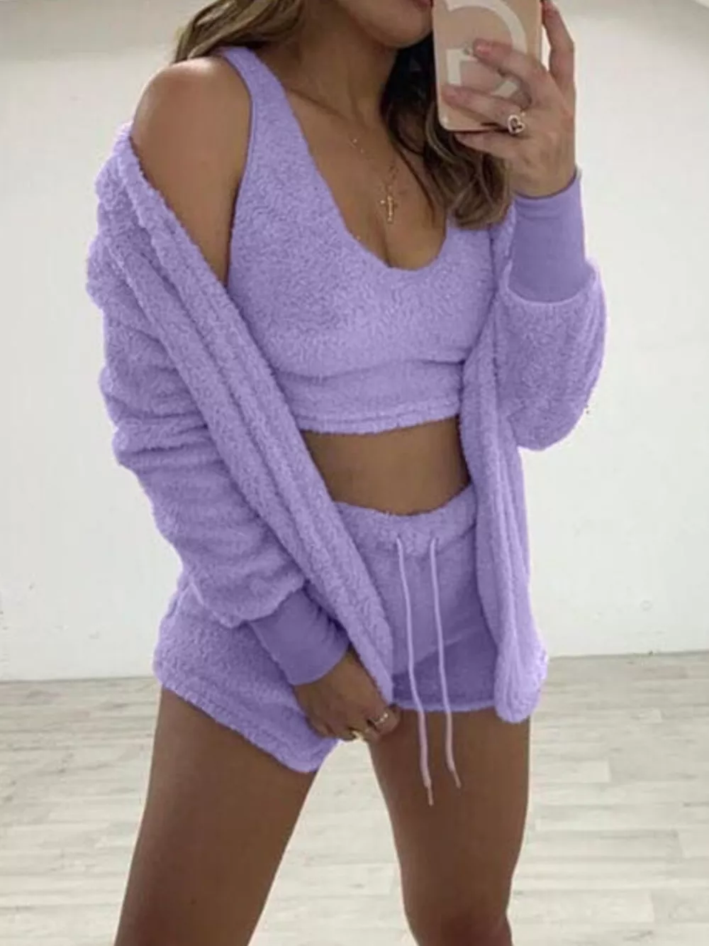 Full Size Fuzzy Tank & Cardigan and Shorts Three-Piece Set Plus Size, image 6