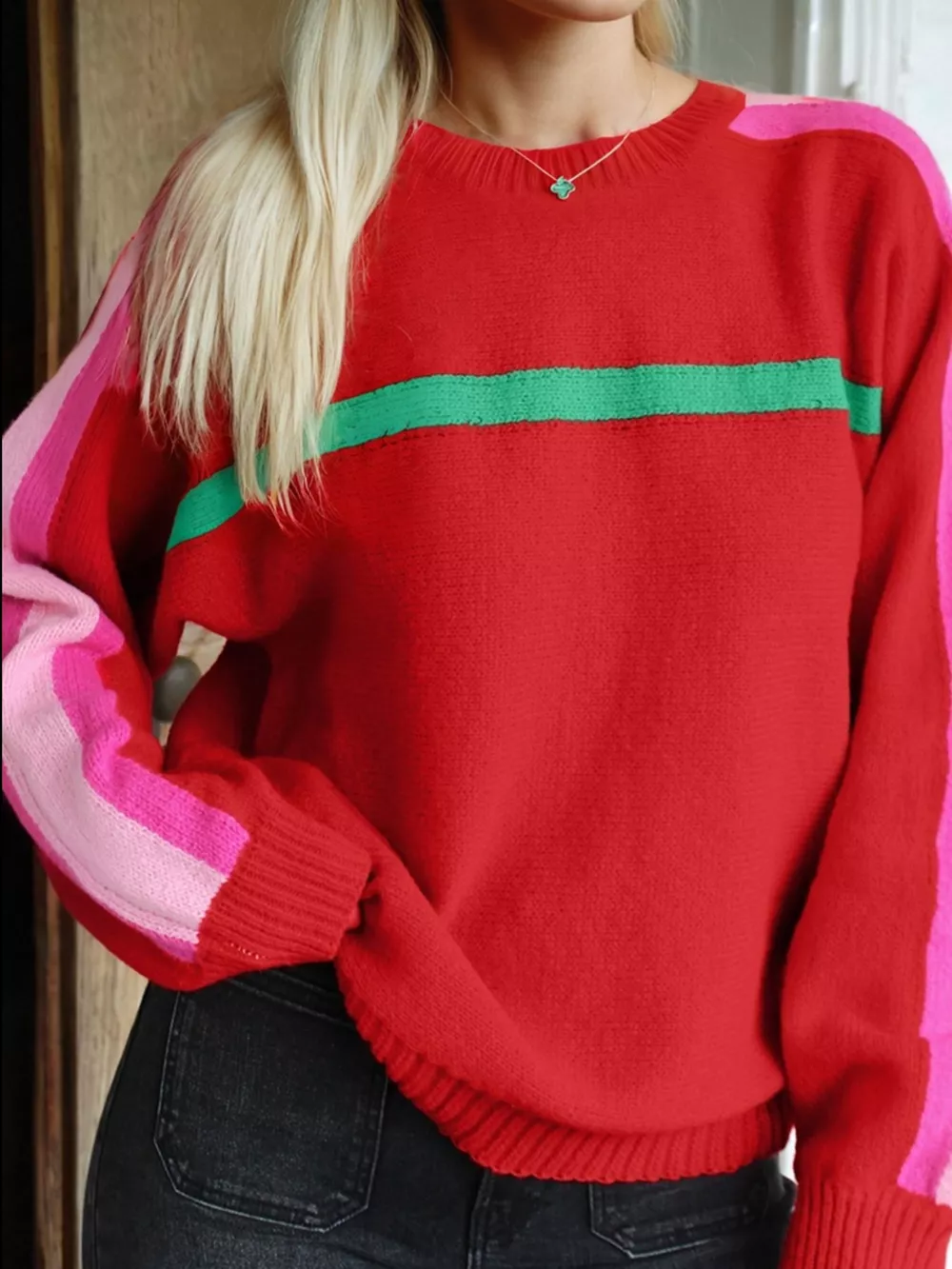 Striped Sleeve Crew Neck Sweater, image 4