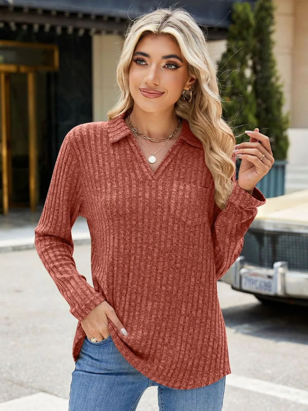 Ribbed Johnny Collar Long Sleeve T-Shirt, image 10