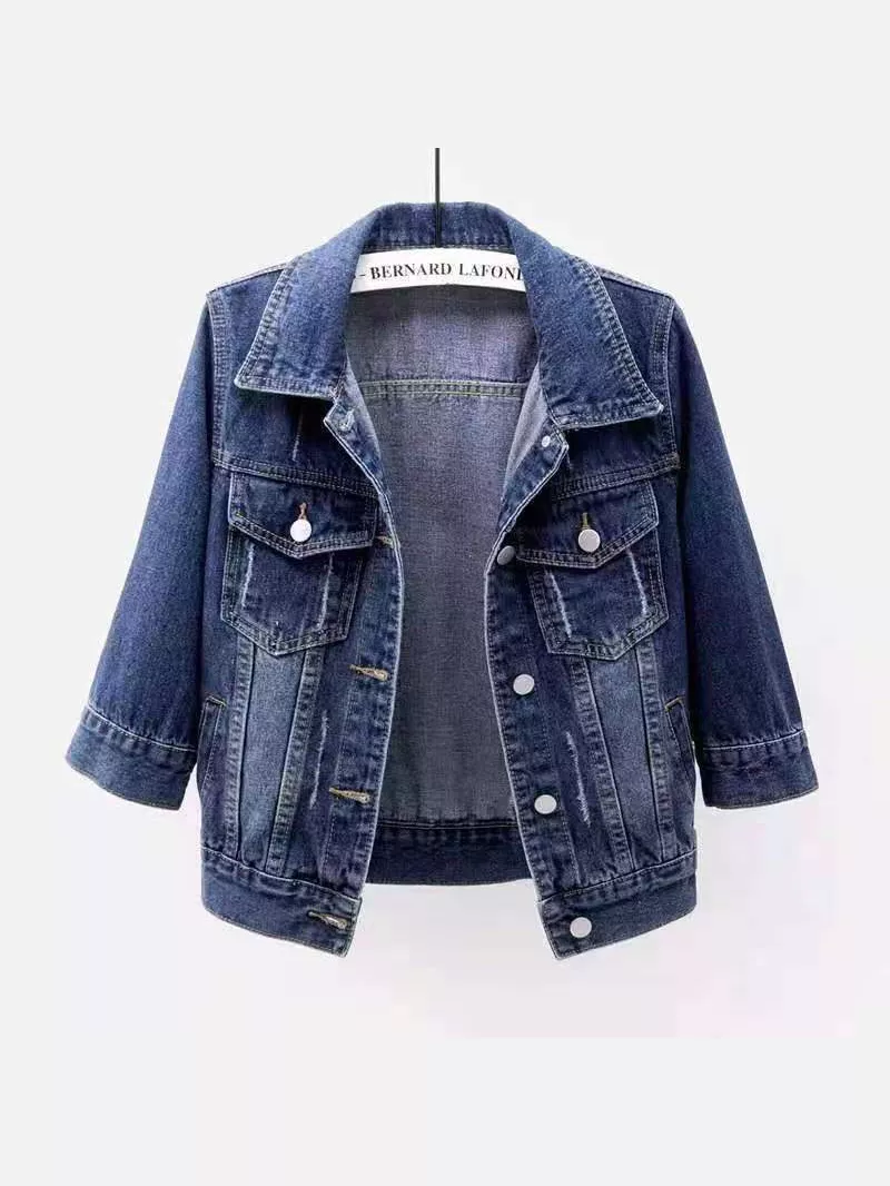 Full Size Distressed Mid-Sleeve Denim Jacket Plus Size