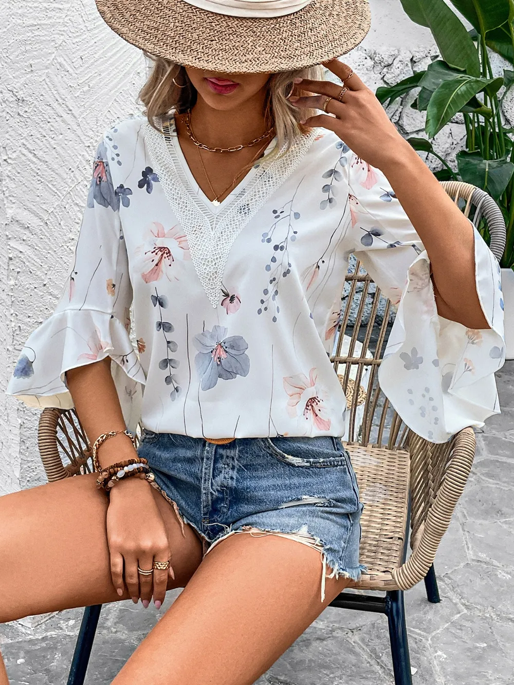 Ruffled Printed V-Neck Half Sleeve Blouse, image 7