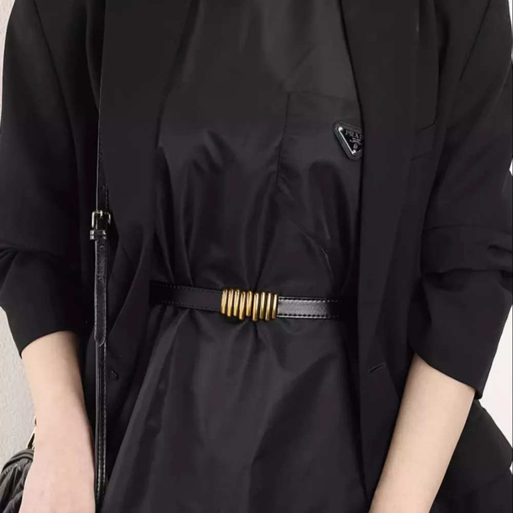 Skinny Leather Belt with Gold Buckle, image 4