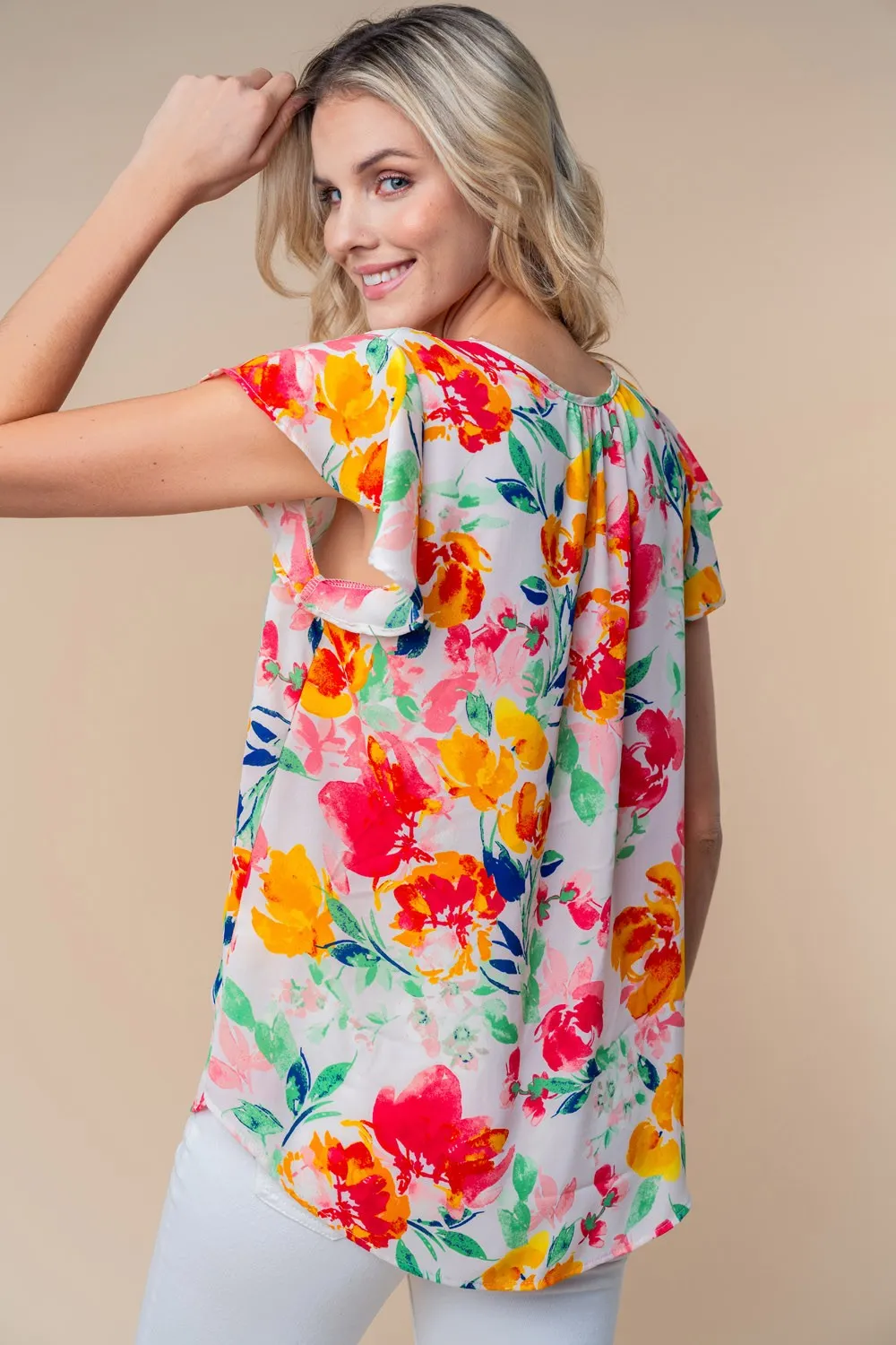 Full Size Short Sleeve Floral Woven Top, image 2
