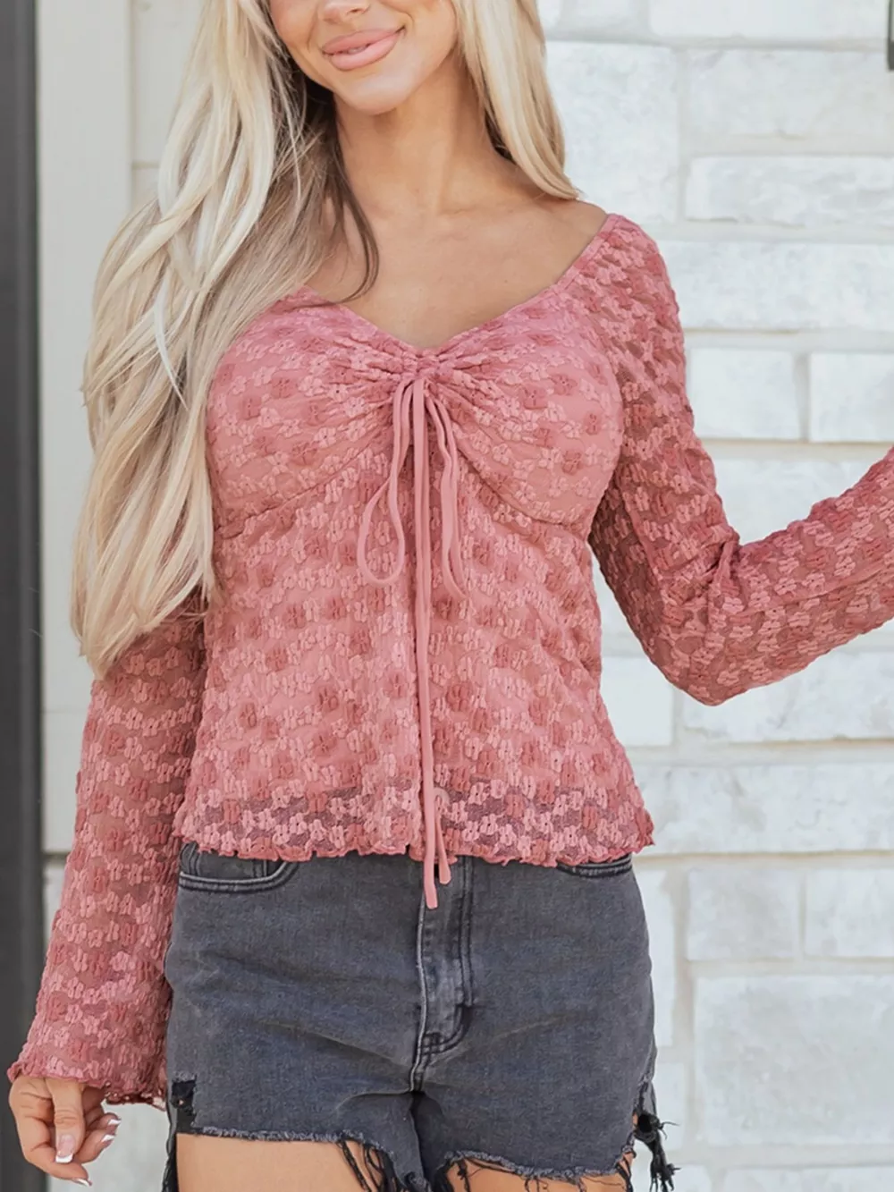 Drawstring Knot Detail Floral Lace Blouse, image 4