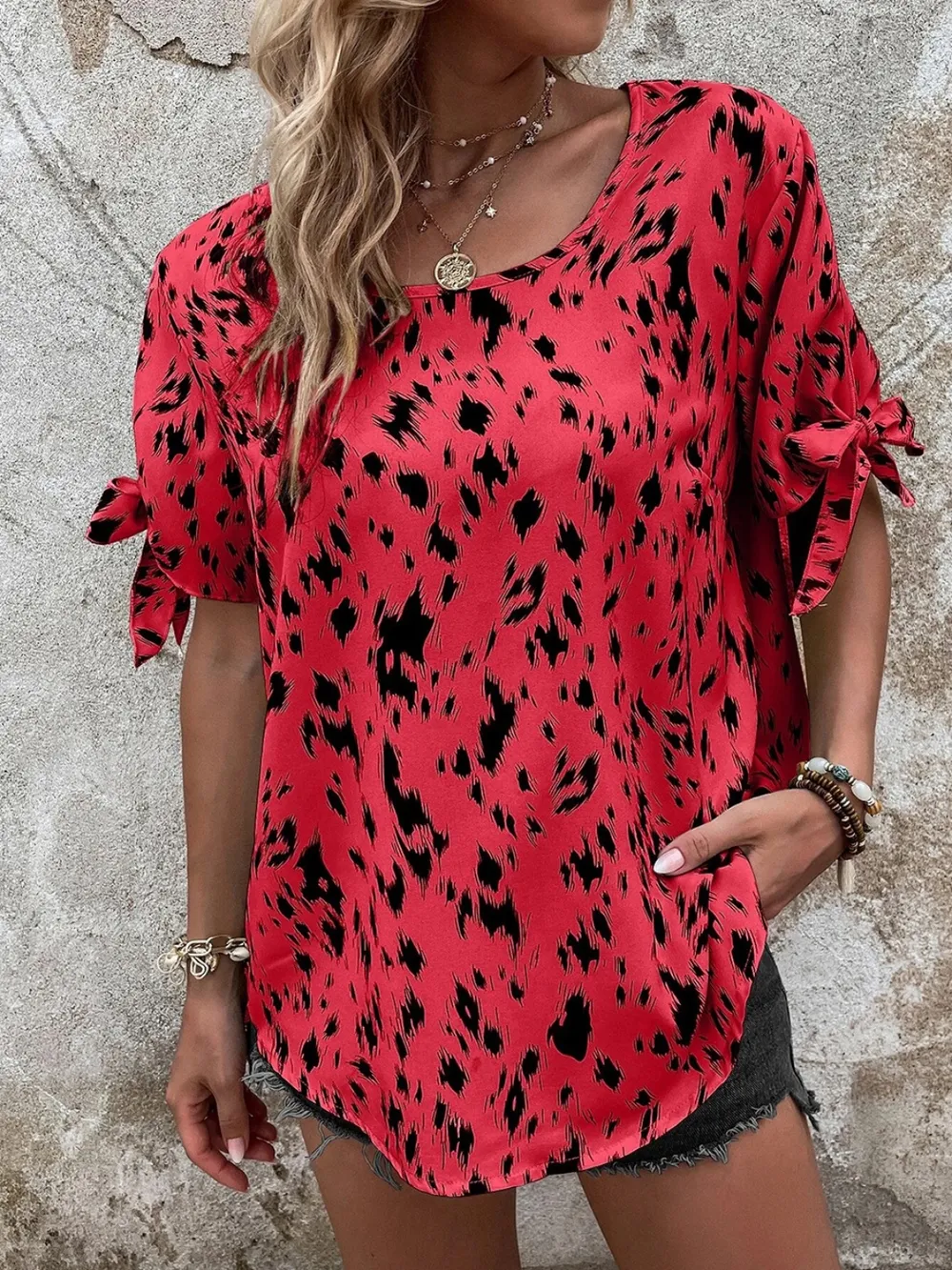 Tied Printed Boat Neck Blouse, image 8