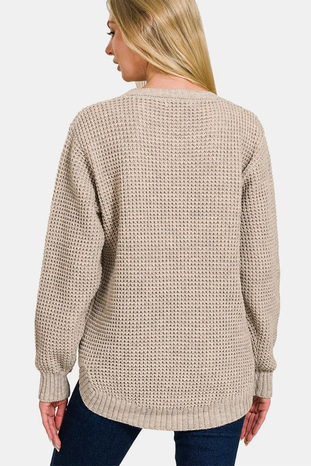 High Low Long Sleeve Waffle Sweater, image 3